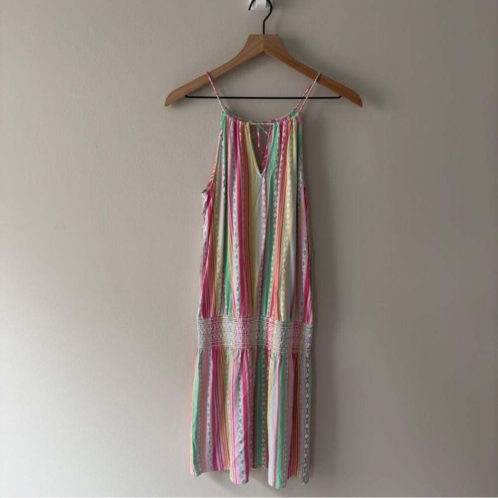Southern Tide Smocked Waist Mini Dress Colorful spaghetti strap tie bow keyhole